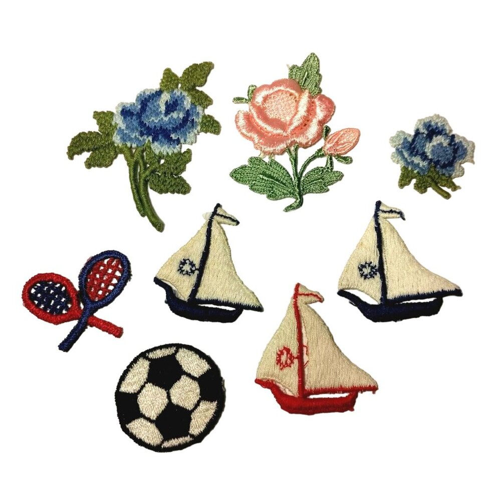 Vintage Patch Lot of 8 Sailboat Soccer Ball Tennis Racket Pink Blue Flower